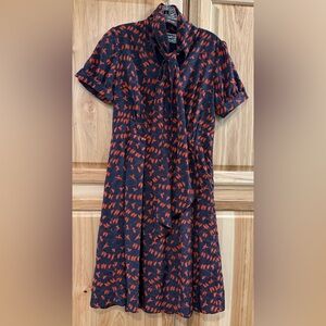 Pink Martini Navy Dress with Red/Orange Bird Design 50’s Vibes Tie Neck Vintage